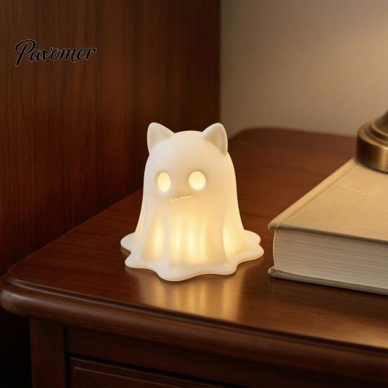 Gift for Cat Lovers 3D Printed Ghost Candle Holder, Spooky Figurine Small Halloween Party Prop with Warm Light Tabletop Home Decoration Miniature