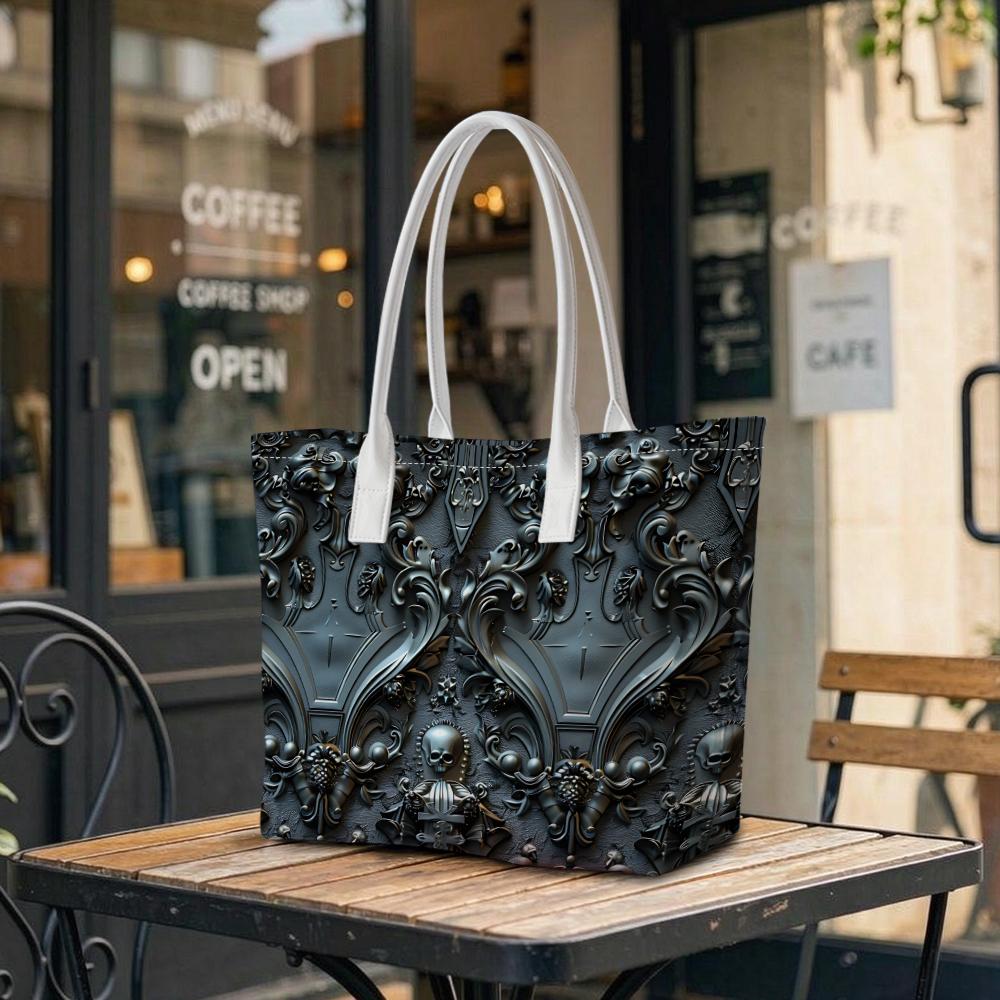 Gothic Dark Skull Pattern Tote Bag Fashion Daily Use Shoulder Bag for Women Trendy Portable Commute Handbag
