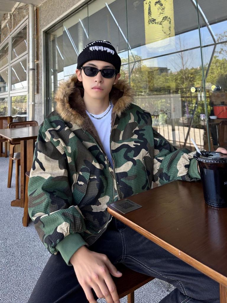 2025 Winter Men's Reversible Camouflage Streetwear Hooded Cotton Jacket