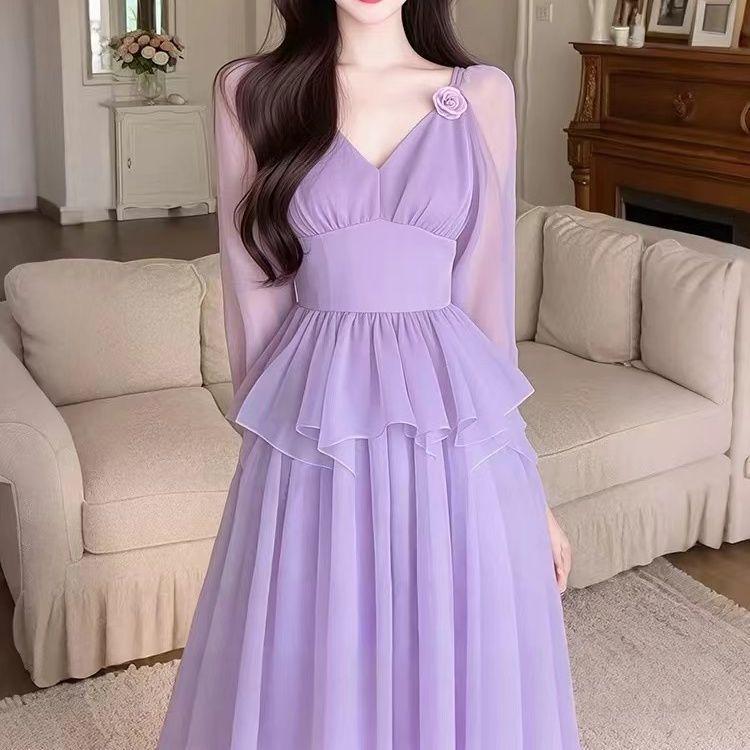 2026 Spring Women s Purple Hepburn-Style Floral Dress with Waist-Cinching Design S