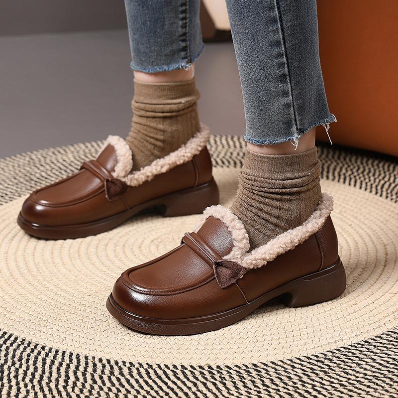 Fashion GKTINOO Women Loafers Genuine Leather with Warm Plush Shoes Square Heels Classic Fashion Winter Leather Shoes Women Big size 42