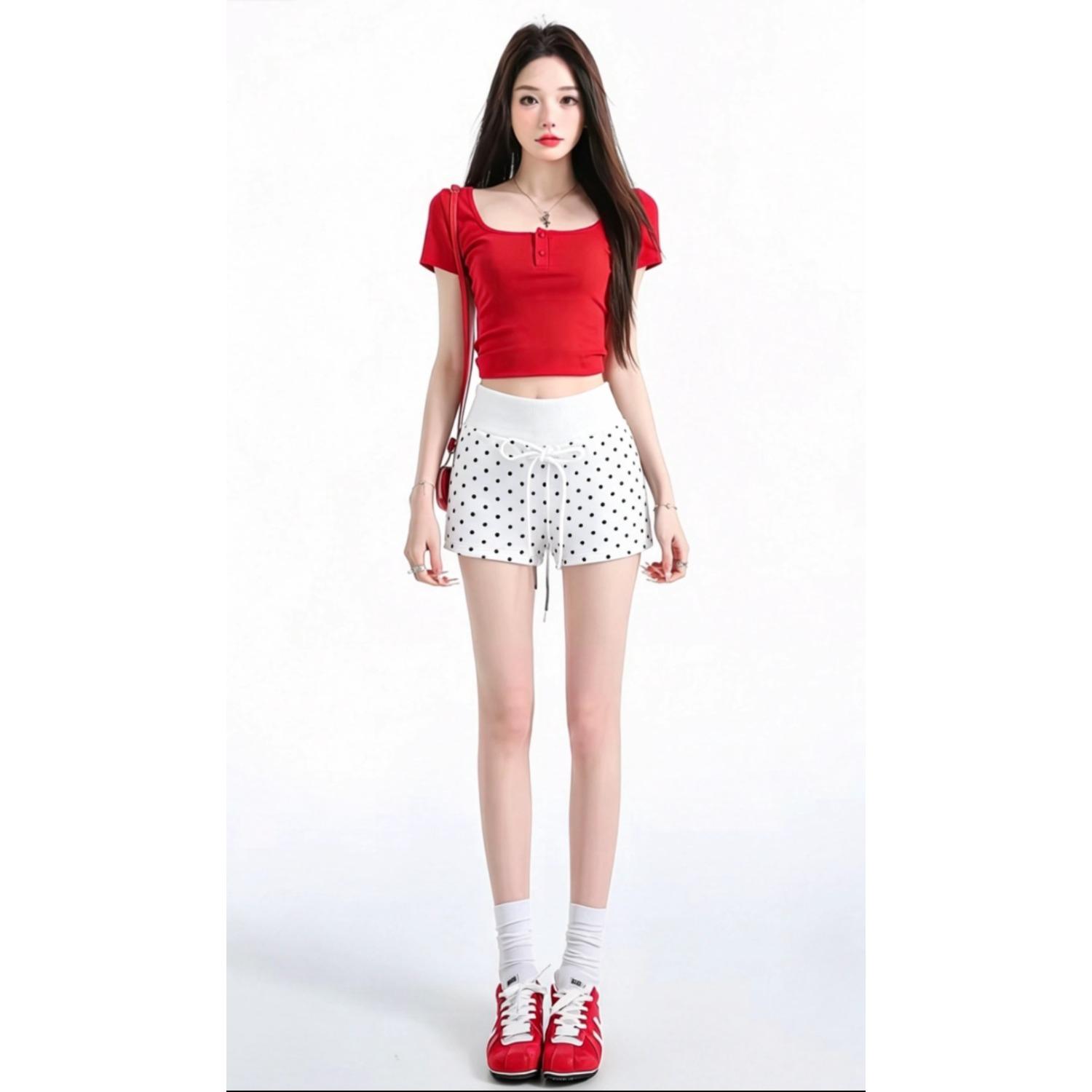 New Polka Dot Drawstring Sports Shorts Women s Summer Versatile Slim-fit Casual Straight Pants S