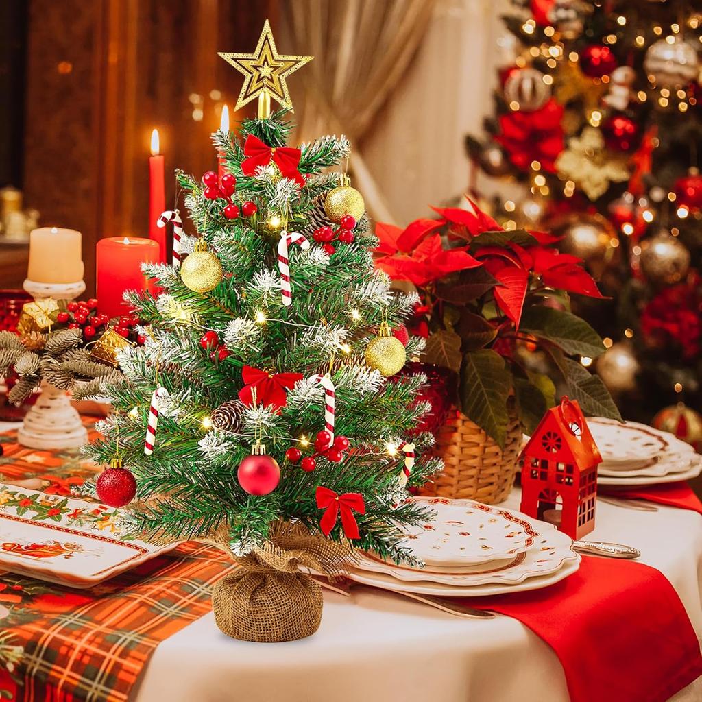 2ft Mini Christmas Tree with LED Lights, Burlap Base & Star Topper for Table Desk Decor