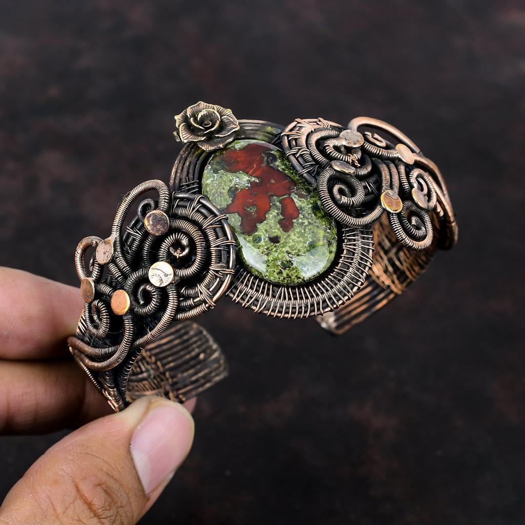 Dragon Bloodstone Bangle Copper Wire Wrapped Bangle Gemstone Cuff Bracelet Adjustable Bangle Copper Jewelry For Gift Handmade Flower Bangle