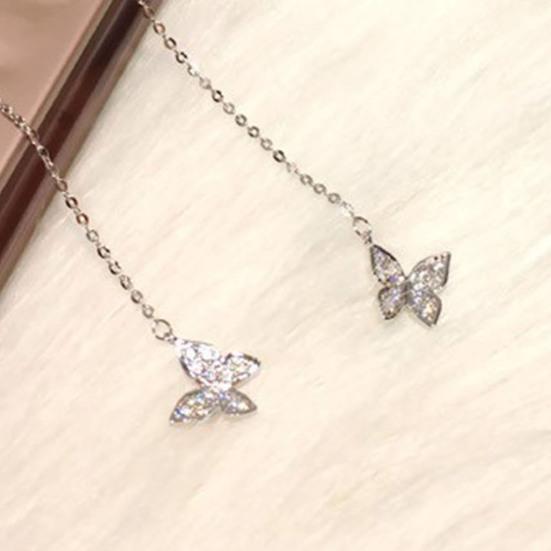 1 Pair Drop Earrings for Women, Micro-Paved Cubic Zirconia Double Butterfly Tassel Design Stud Earrings, Long Drape Statement Earrings
