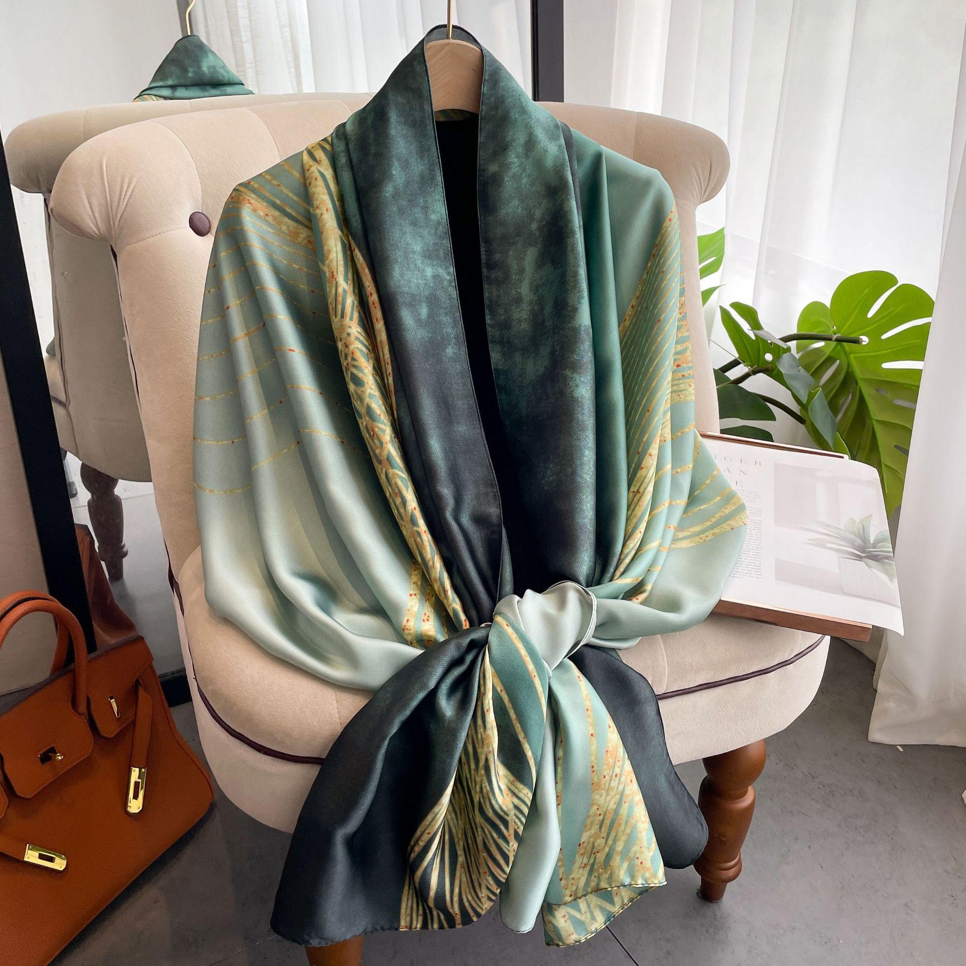 

Высококачественные роскошные шелковые шарфы, повязка на голову, шарфы, шейный шарф для женщин, шелковый шарф с цепочкой, женская декоративная шаль 180*90cm зелёный