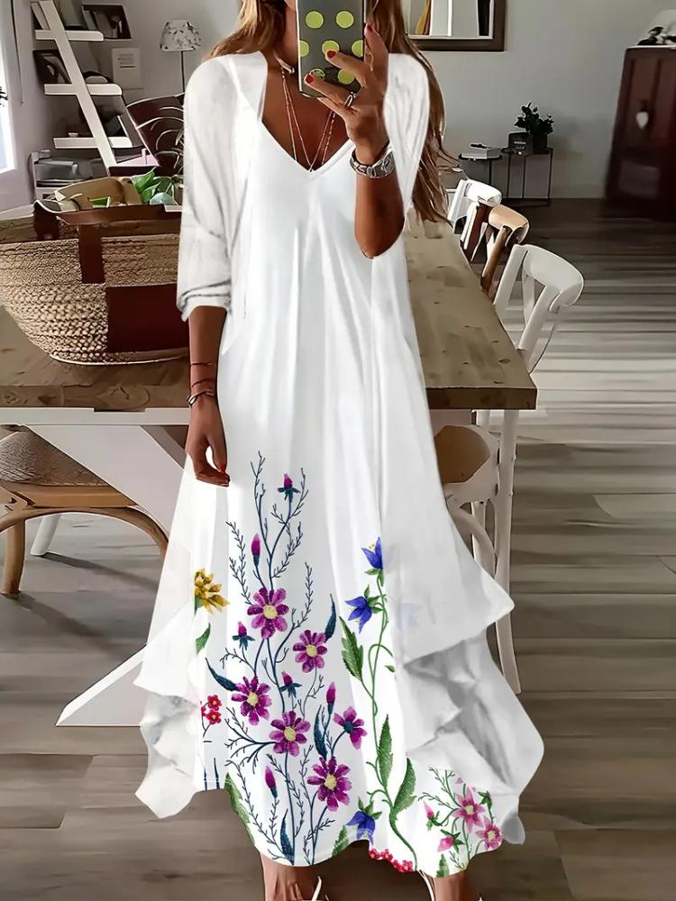 

Элегантное макси-платье с цветочным принтом и бабочками, с длинным кардиганом, женское платье в стиле бохо-шик, повседневное летнее платье L