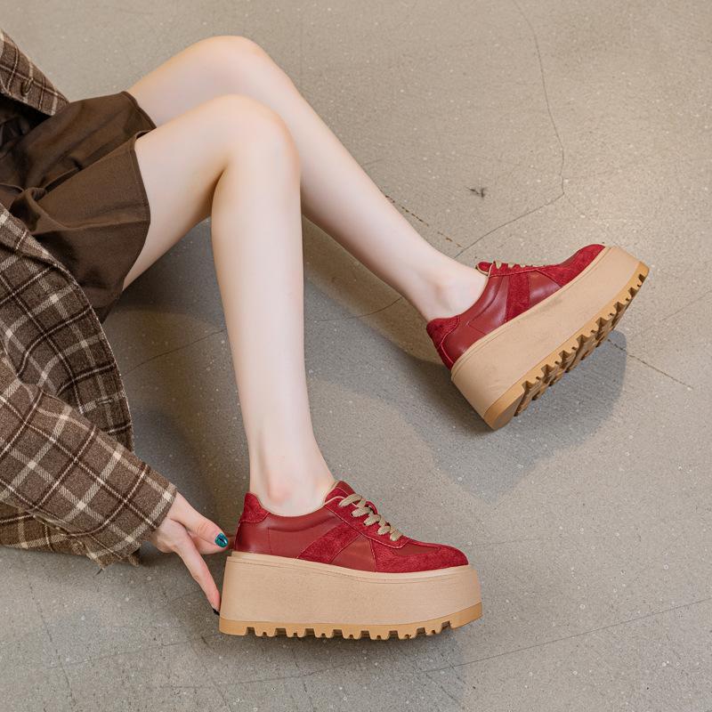 Fashion High Quality 8CM Genuine Leather Breathable Fashion Chunky Sneaker Flats Booties Boots Spring Autumn Women Vulcanize Shoes