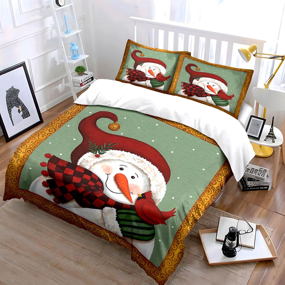 Snowman with Cardinal Design Bedding Duvet Cover Set Duvet Cover Pillowcases (1*Duvet Cover 2*Pillowcases, Without Duvet Insert)