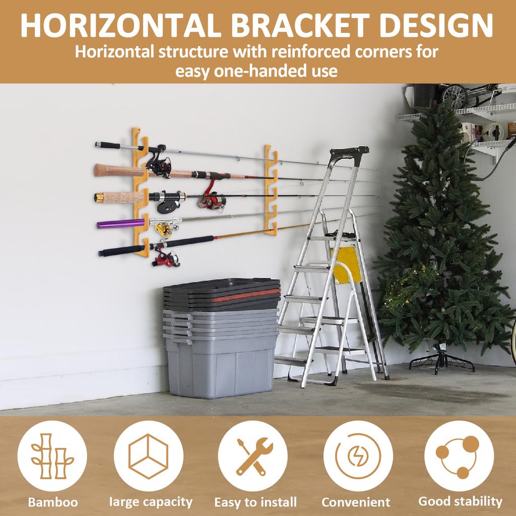 2 Sets Wood Fishing Rod Holder Wall Mounted Fishing Poles Rack Holds Up to 10 Rods for Garage Wall Ceiling Rod Display Rack Tool