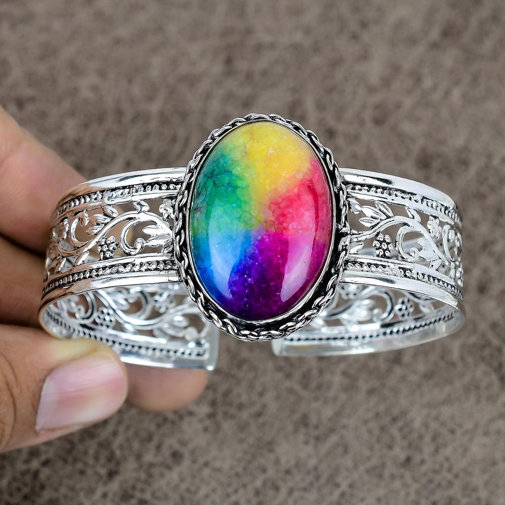 Rainbow Solar Quartz Gemstone 925 Sterling Silver Cuff Bangle Adjustable KKG-187