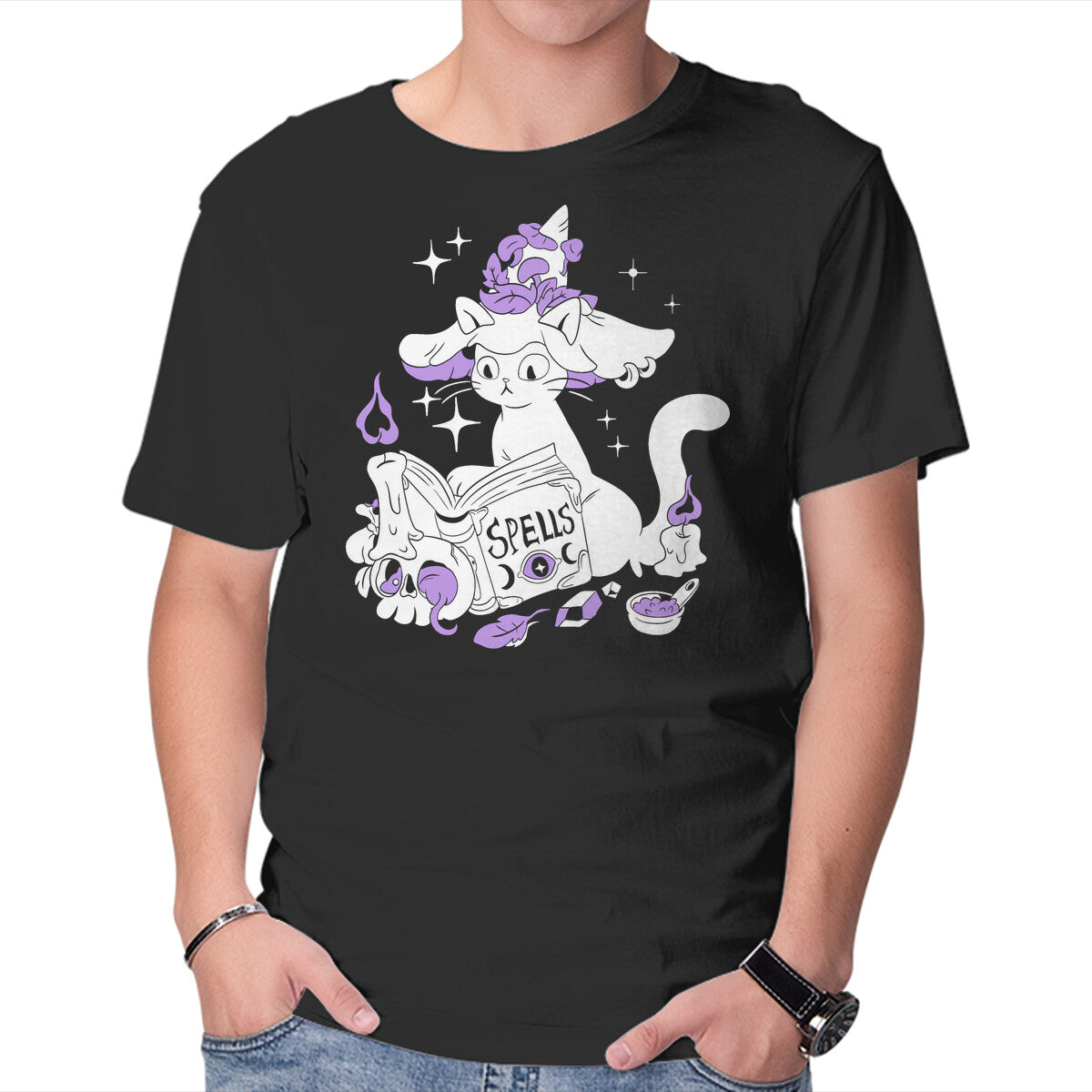 Unisex Crew Neck T-Shirt Magic Cat Graphic Short Sleeve Casual Tee S