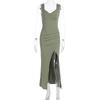 Women European Style Backless Sleeveless Lace Up Slit Slim Long Dress