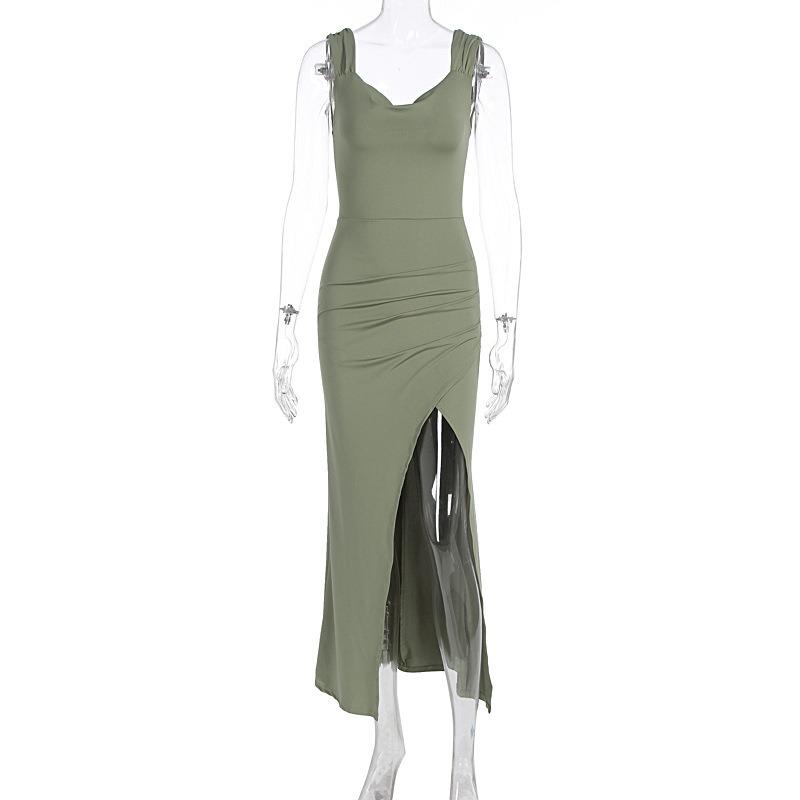 Women European Style Backless Sleeveless Lace Up Slit Slim Long Dress