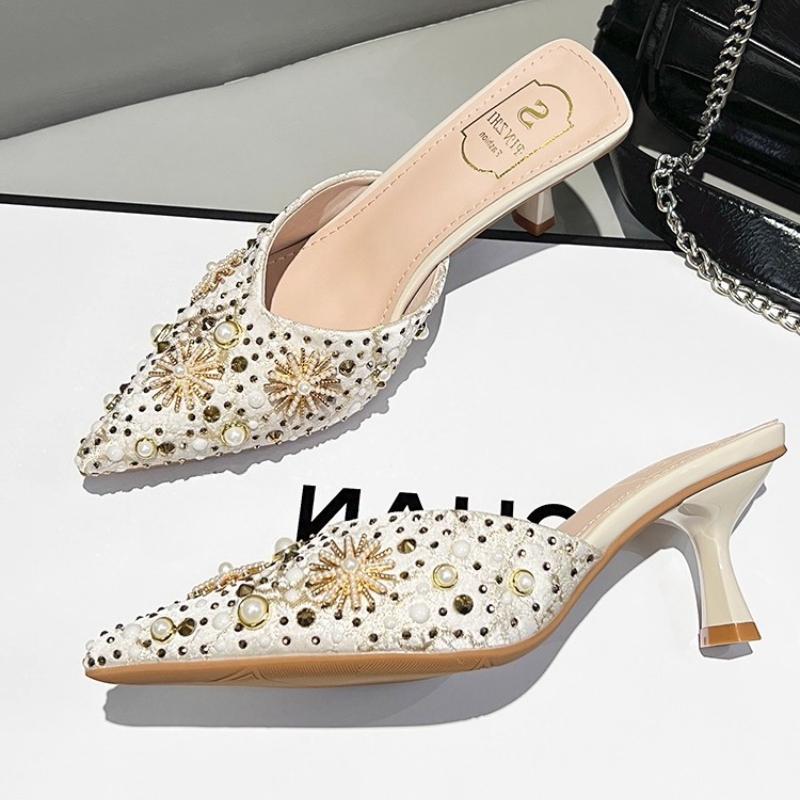 Fashion Luxury String Bead Decoration Design Brand High Heel Slippers Women Shiny Rhinestone Slide Sandals Elegant Wedding Bridal Shoes
