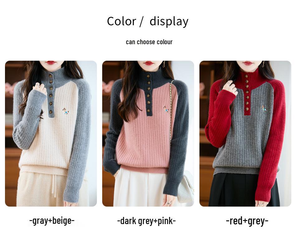 Women's Stand Collar Thick Embroidered Wool Sweater - Autumn/Winter Knitwear with Color Block and Small Horse Logo