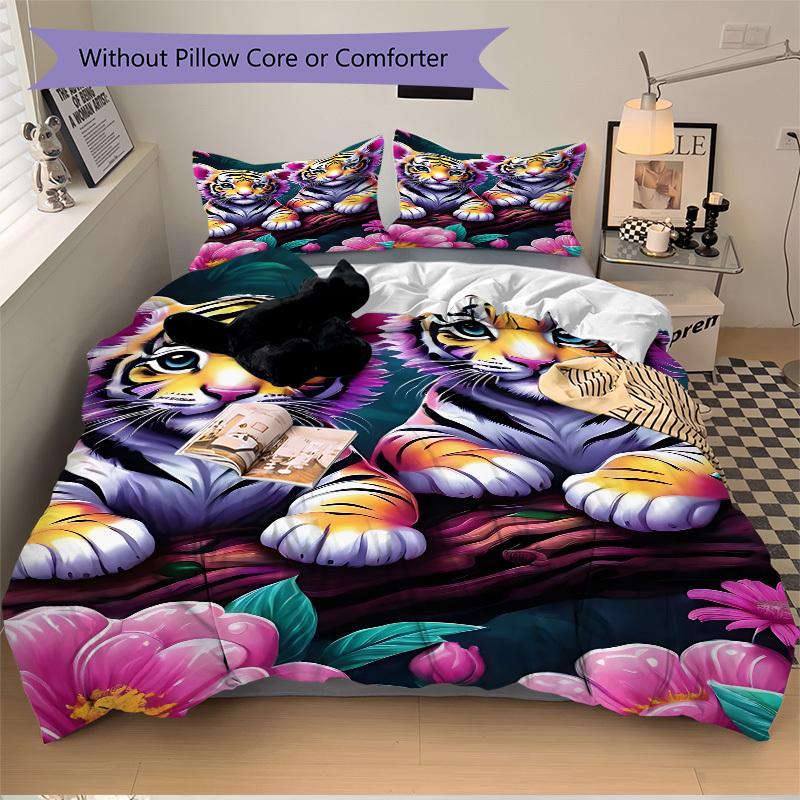 3pcs Tiger Cubs Duvet Cover Set -Includes 1 Duvet Cover and 2 Pillowcases, No Quilt Core, All-Season Home Decor  Yy251111196