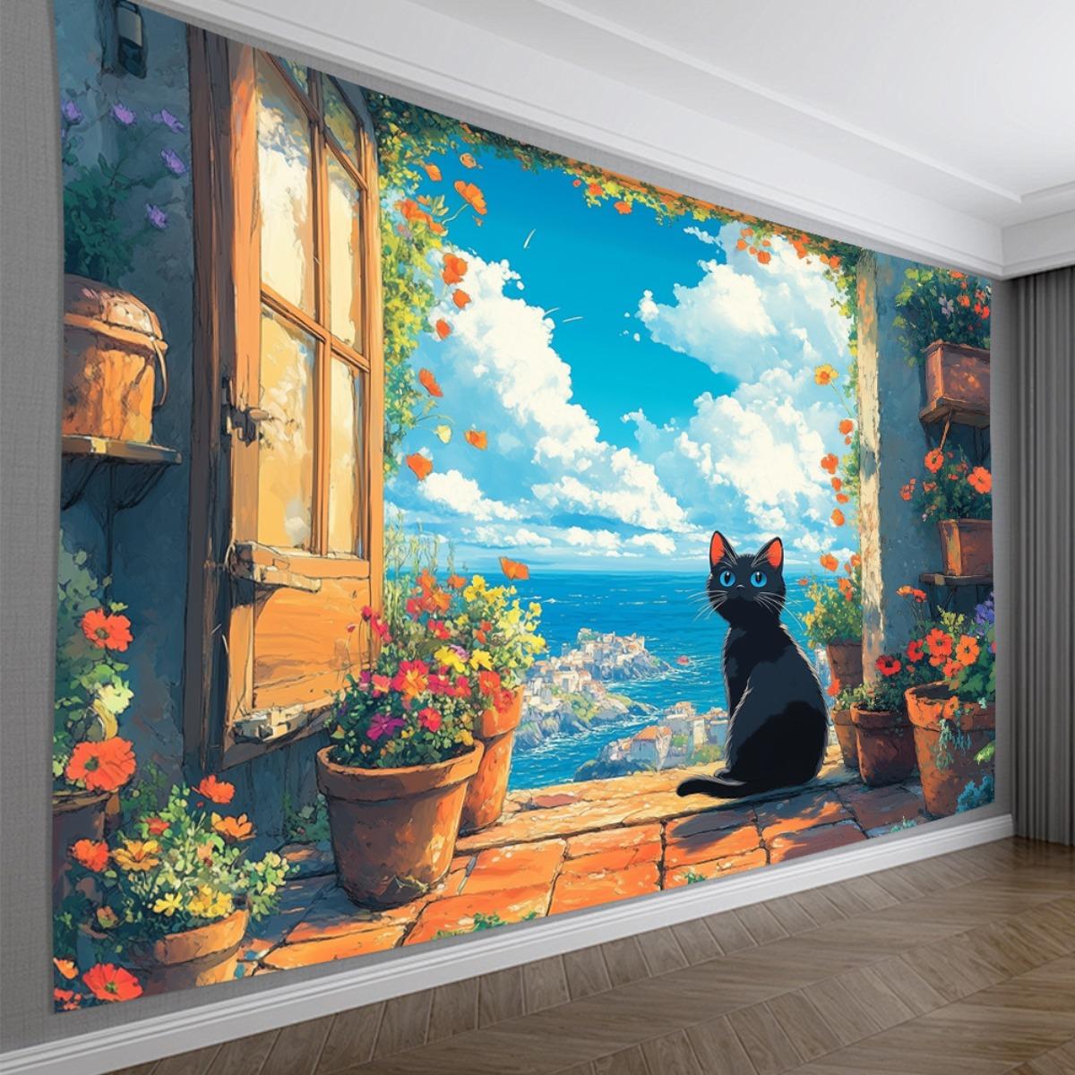 The black cat is gazing at the ocean tapestry - a colorful polyester fiber wall decoration featuring a cat theme. 100x150cm
