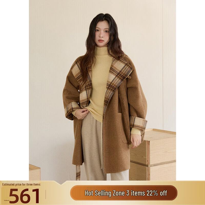 Women s Reversible Plaid Double-Sided Wool Mid-Length Coat M