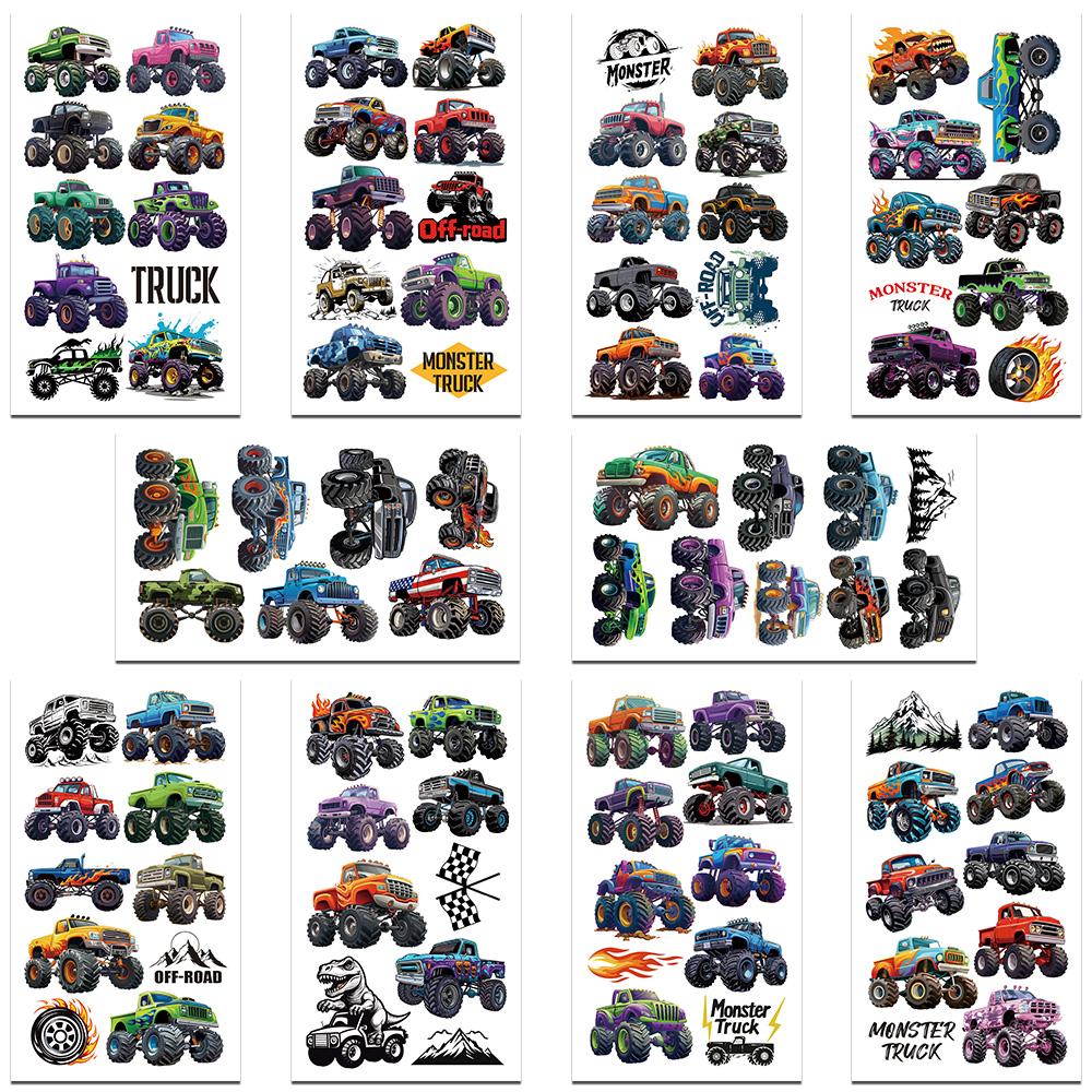 

10 листов красочных наклеек-татуировок Monster Trucks для лица, рук, тела, декоративных водонепроницаемых наклеек-татуировок для мальчиков, креативные подарки