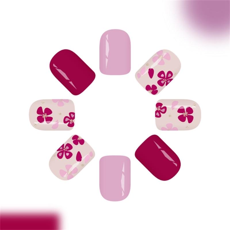 24pcs Glossy Square False Nail Purple Flower Glittering Design Nail Art for Daily Wear and Parties Manicure