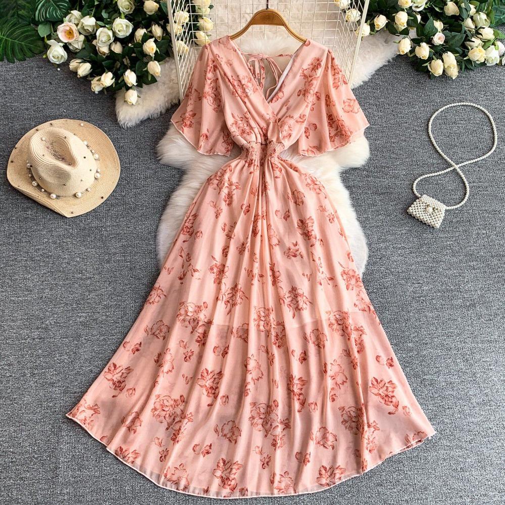 Women's V Neck Floral Chiffon Maxi Dress High Waist A-Line Casual Dress for Summer Vacation