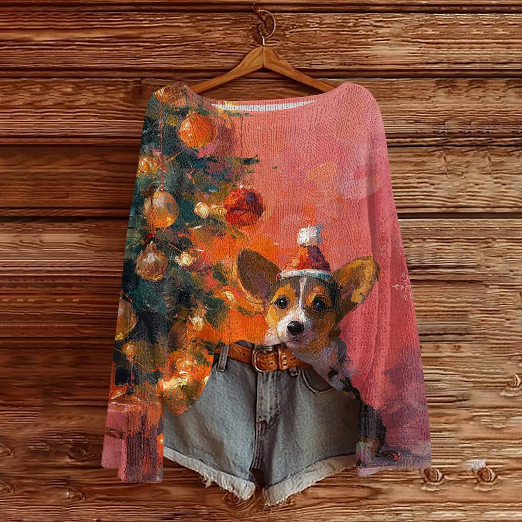 Women's Casual Fashion Round Neck Top Christmas Print Long Sleeve Knit Pullover