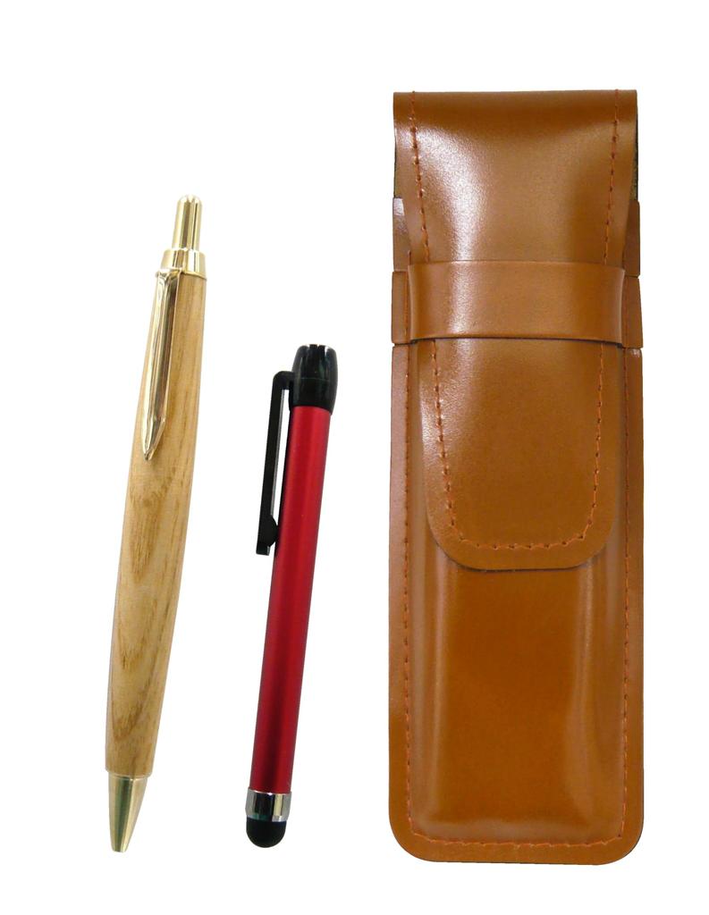 Slim Brown Leather Pen Case with Red Metallic Touch Stick and Retro Maple Wood Ballpoint Pen Set (ASC-ALR-HS47S)