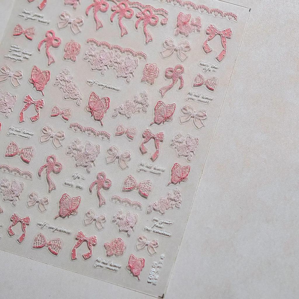 Shiny Red Bowknot Bow Tie Silk Ribbon Butterfly 5D Nail Art Sticker Pearl Rhinestones Self Adhesive Decoration Manicure Decal