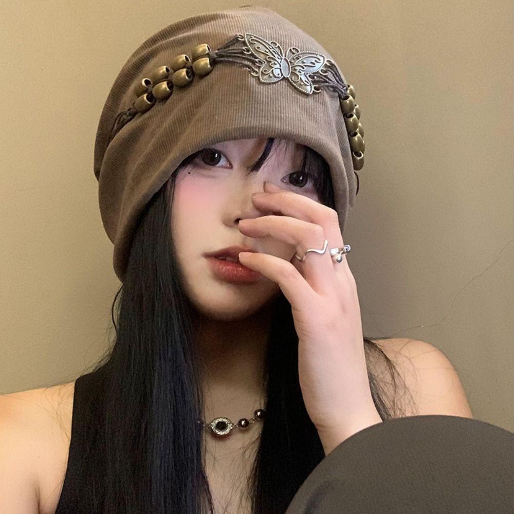 Weave Beaded Butterfly Hat Retro Knitted Tie-dye Hat Casual Wasteland Pullover Cap  Girls