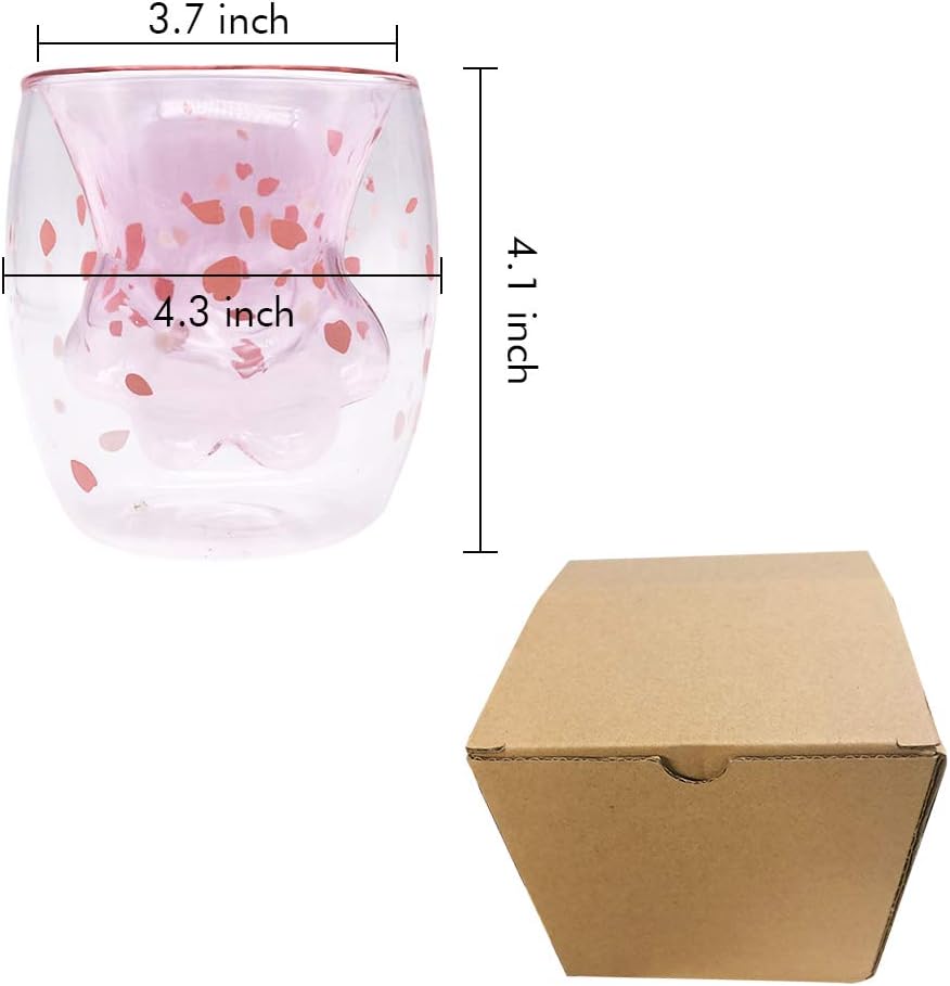 Cat Claw Cup Pink Cherry Printing Cat Paw Mug Cute Cat Foot Shape Transparent Double Wall Coffee Cups Insulated Thermo Milk Tea