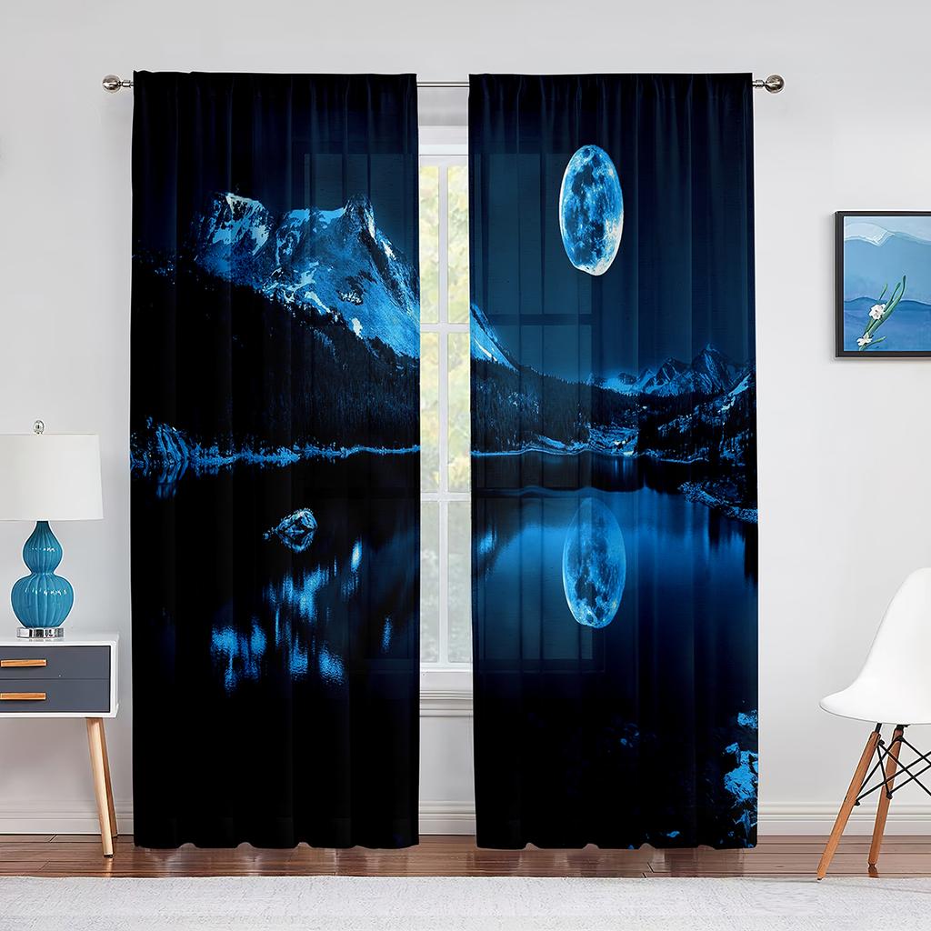 Night Sky Full Moon and Foggy Clouds with Sea Ocean Tulle Curtains for Living Room Bedroom Sheer Voile Kitchen Window Curtain