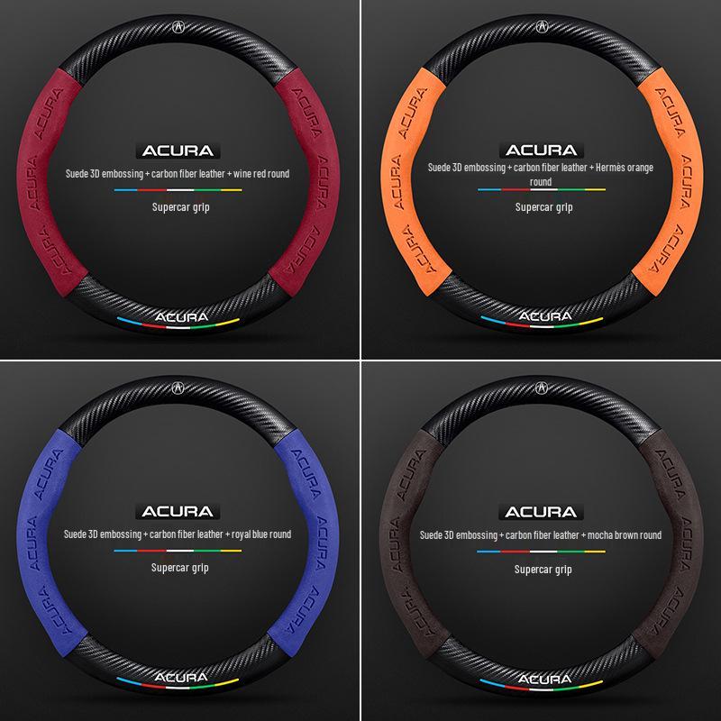 Genuine Leather Carbon Fiber Steering Wheel Cover for Acura - Non-Slip & Breathable, Universal Fit for All Seasons