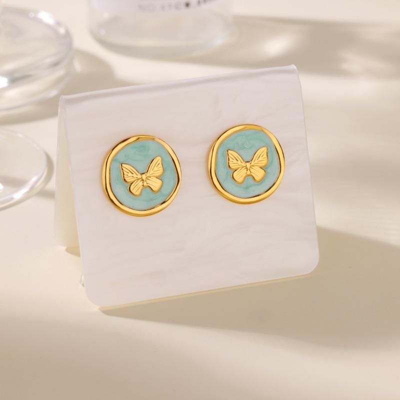 Vintage Macaron Drip Butterfly Stud Earrings Women's Niche Temperament Stainless Steel K Gold Plated Earrings