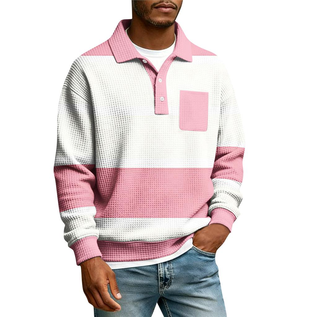 Men's Striped Single Breasted Long Sleeved Shirt With Collar And Pockets  Casual Sports T-shirt