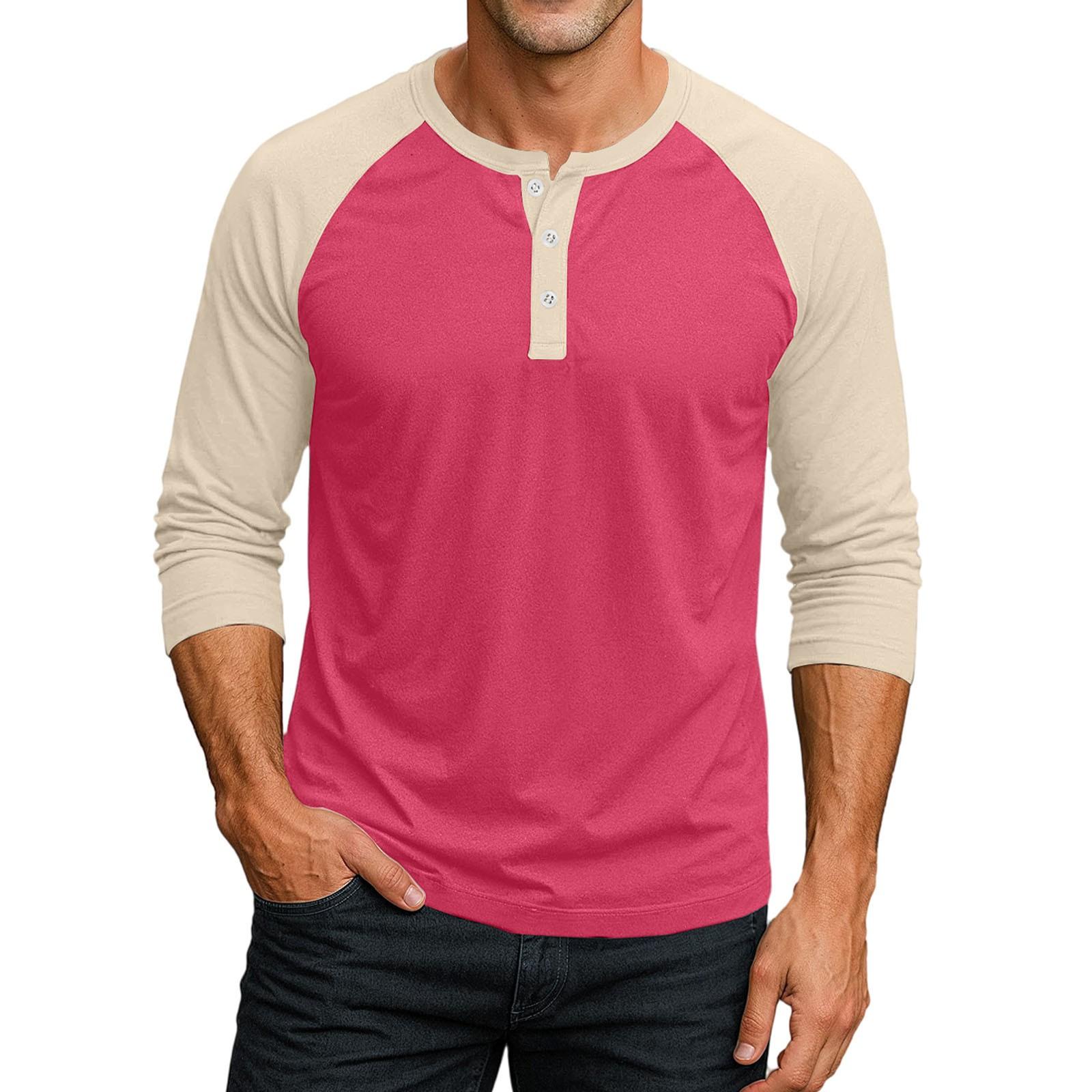 

Men s Button-Down Contrast Raglan 3/4 Sleeve Top M рожевий
