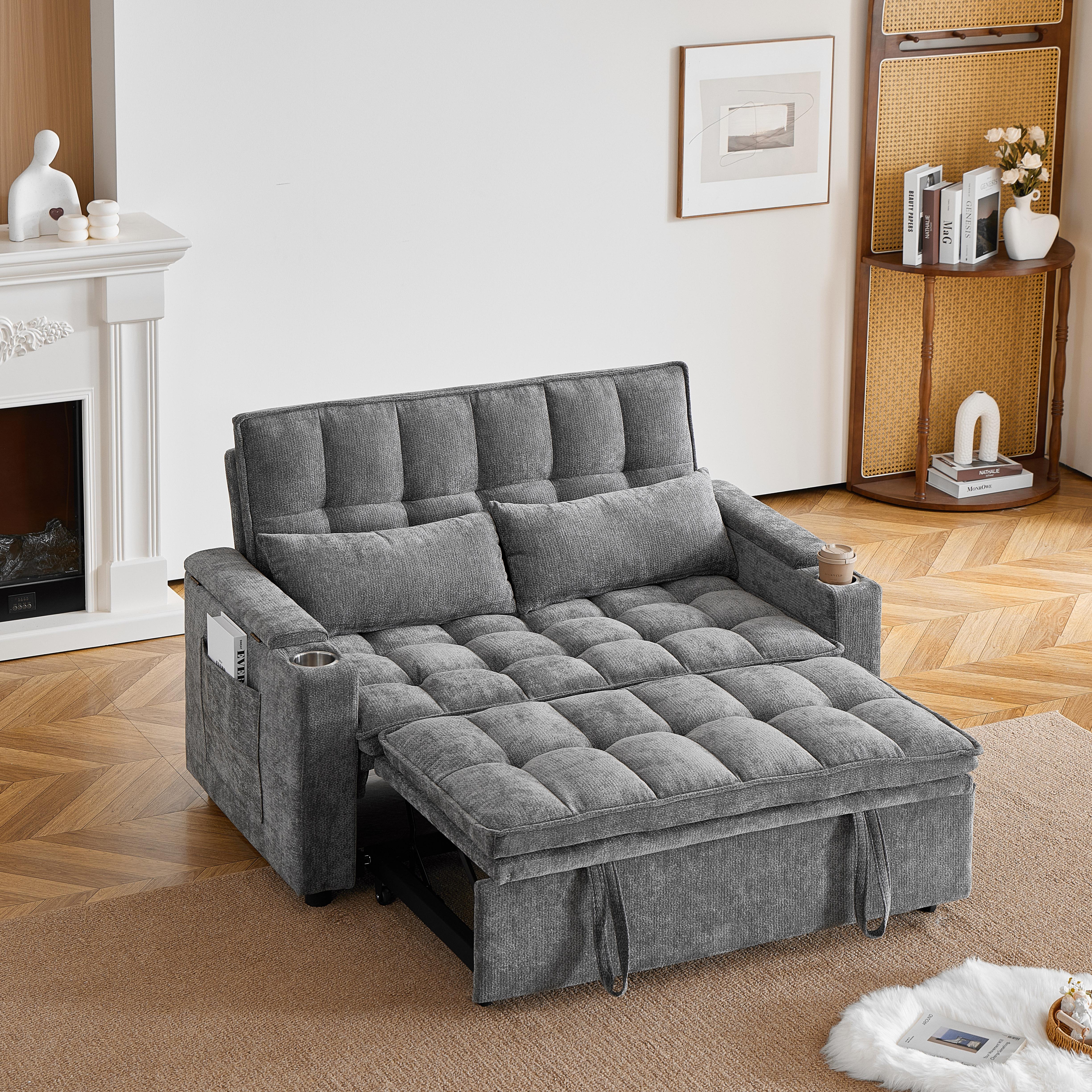 A 142 cm wide 3-in-1 sleeper sofa with reclining function, seat and back cushions that feel soft as clouds, two lumbar cushions, storage, drink holder 142 x 89 x 89 cm szürke