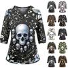 Women's Casual Halloween Print Uniform Top with V-Neck, Pockets and Side Slit, Three-Quarter Sleeve