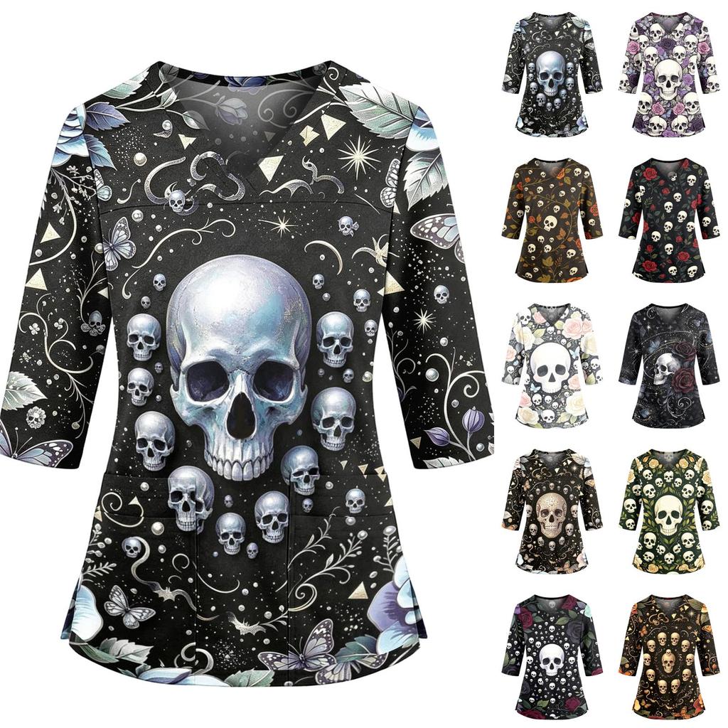 Women's Casual Halloween Print Uniform Top with V-Neck, Pockets and Side Slit, Three-Quarter Sleeve