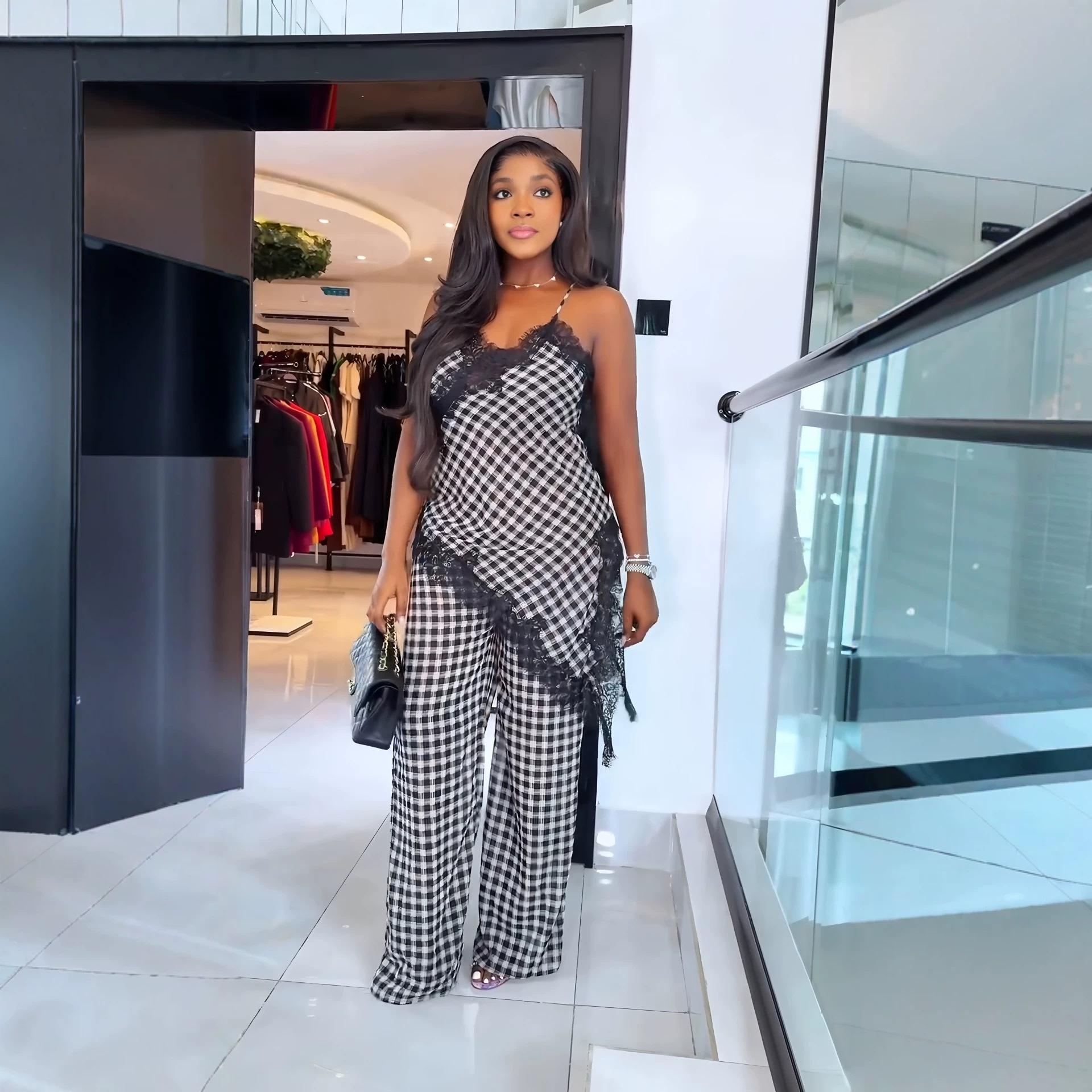 2026 New Sweet Plaid Straight-Leg Pants Women s Lace Camisole Top Casual Set S чёрный