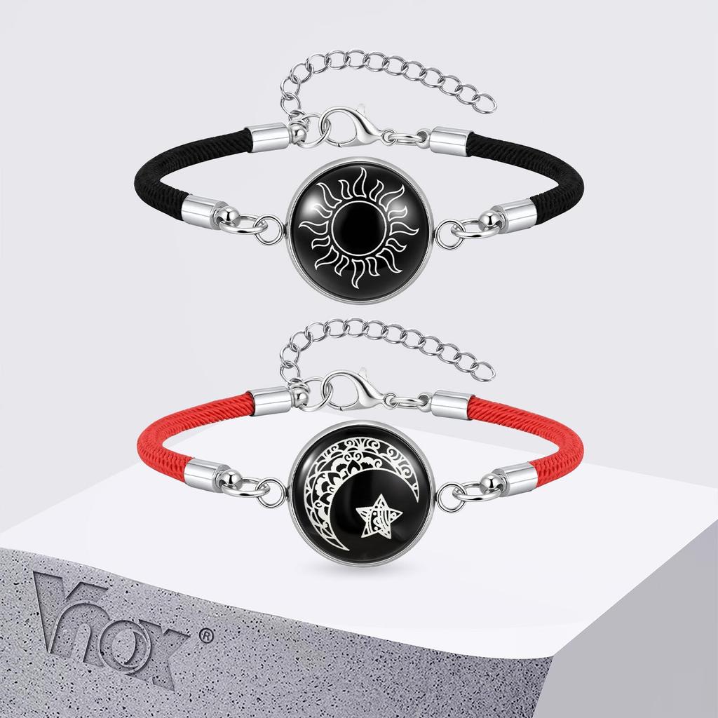 Vnox 2pcs Braided Rope Chain Bracelets For Lovers, Metal Sun Moon Star Round Accessory, Fashion Jewelry Girlfriend Couple Gift