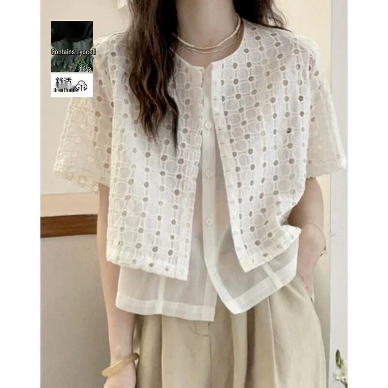 Women s Summer Lyocell Blend Hollow-Out Short Sleeve Shirt S