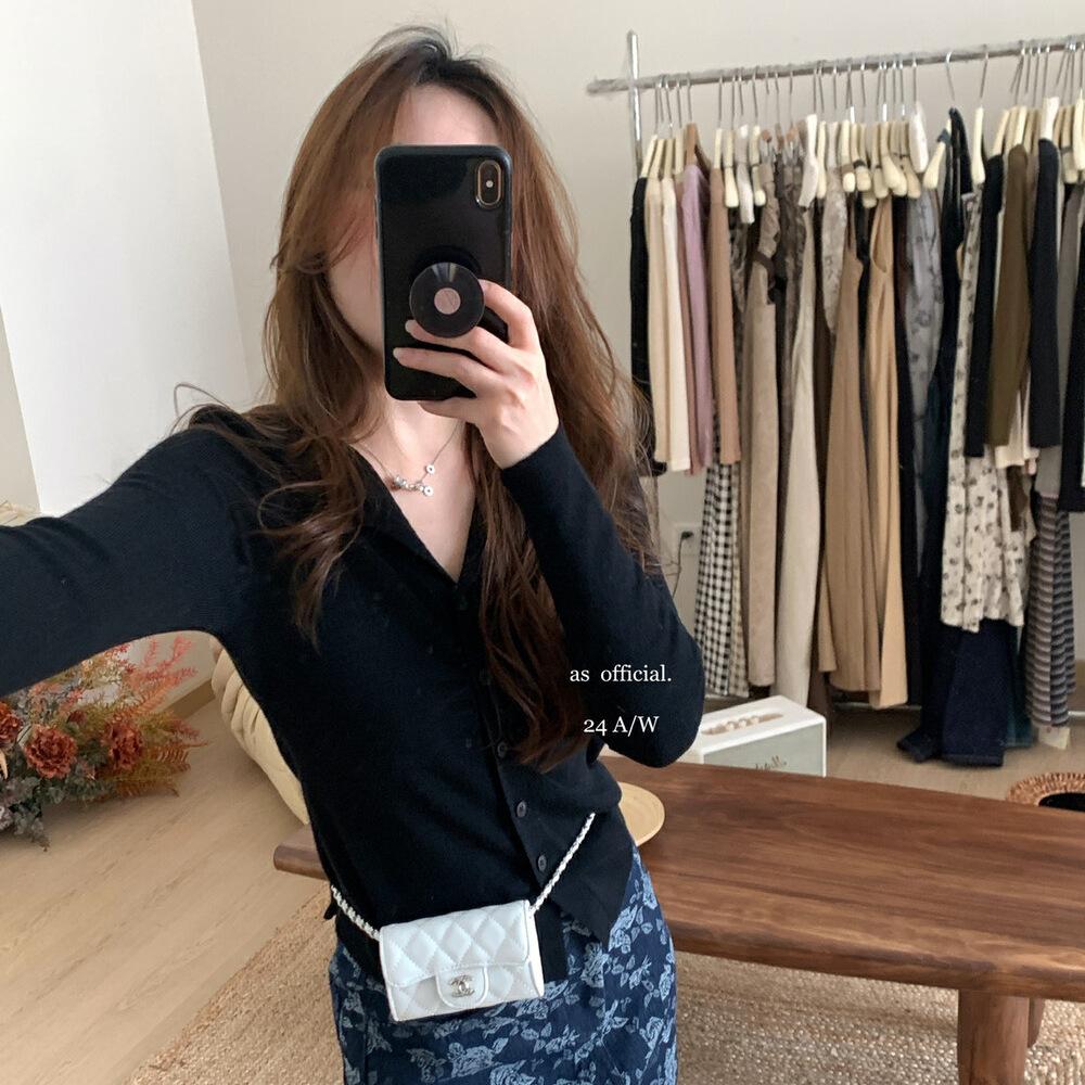 Korean V-Neck Pleated Knitted Cardigan Women'S Spring And Autumn Chic Single-Breasted Slim-Fitting Short Top