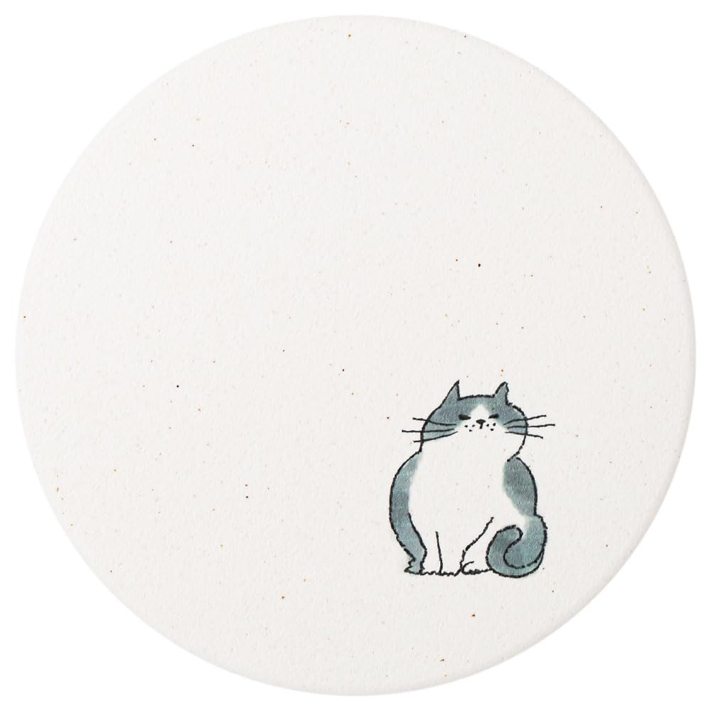 &NE Ceramic Diatomaceous Earth Coaster, Neko (Osumashi) White, 1 piece, 9.7cm diameter x 0.6cm thick, Made in Japan, Mino ware, Asbestos-free,