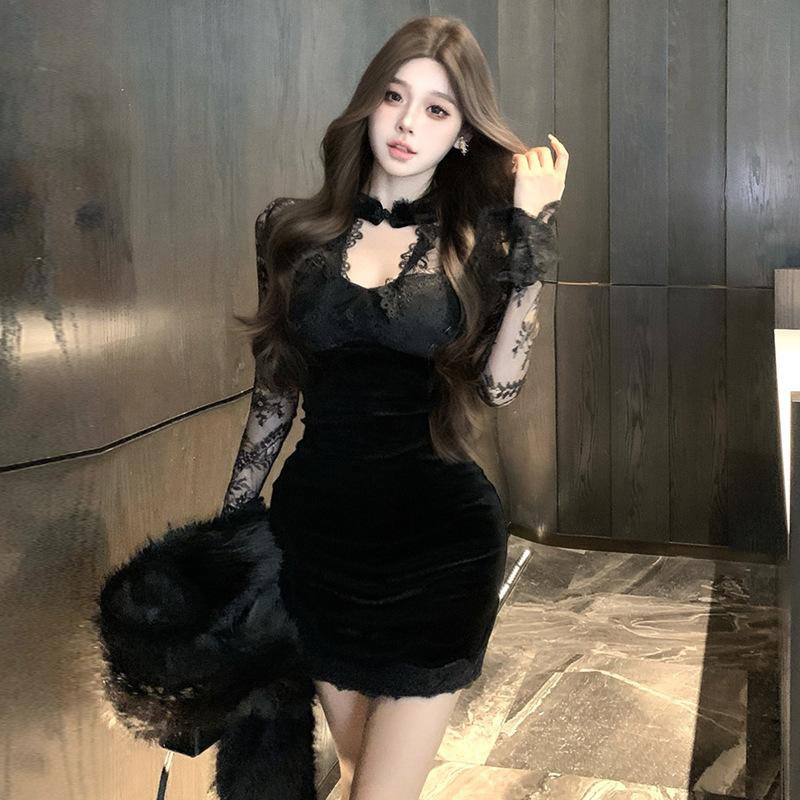 

Винтажное кружевное сращивание бархатное тонкое платье ципао юбка женская S