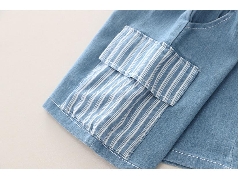 Boys' Vertical Stripe Bear Pocket Short Sleeve Set - Casual Two-Piece Summer Outfit