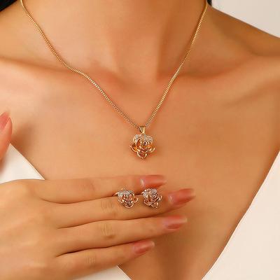 2025 Light Luxury Zircon Rose Set Accessories Ins Fashion Flower Necklace Earrings Ring Accessories Wholesale