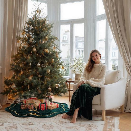 Sukně pod vánoční stromek Sametová chlupatá mušlová sukně pod stromek se zlatou krajkovou lemovkou pro rustikální vánoční svátky Domácí vnitřní party dekorace