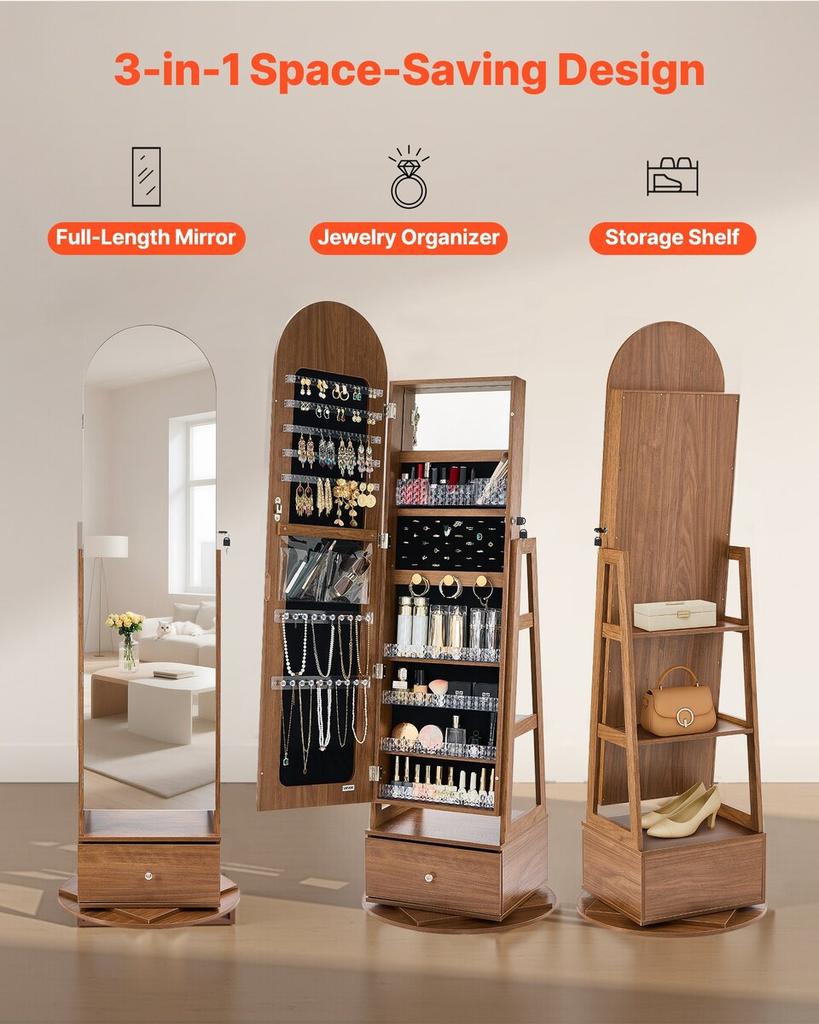 360° drehbarer Schmuckschrank, 1655 mm hoch, Ganzkörperspiegel mit Stauraum, Stehender drehbarer Schmuckschrank-Organizer, Abschließbar mit 2 Schlüsseln,