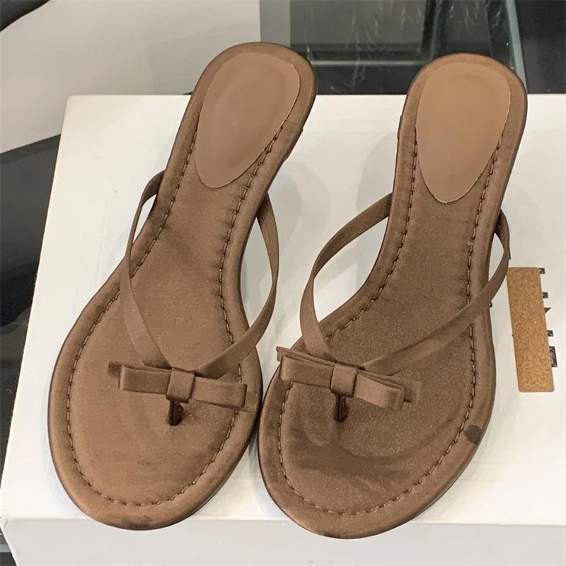 

Fashion 2025 New Summer Butterfly-knot Clip Toe Women Slippers Fashion Low Thin Heels Sandals Party Dress Flip Flops Shoes 40 кофейный